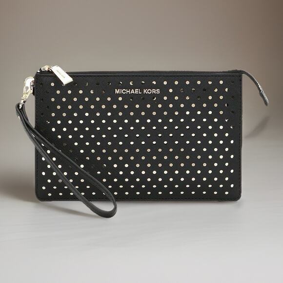 NWT Michael Kors Perforated Medium Gusset Leather Wristlet Black w/GoldTone HDWR - Picture 1 of 5